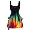 Colorful Aurora Dots Print Lace Up Half Zipper Buckle Strap Mini Dress And Short Sleeve Shirt Matching Outfit - Noir S | US 4