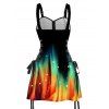 Colorful Aurora Dots Print Lace Up Half Zipper Buckle Strap Mini Dress And Short Sleeve Shirt Matching Outfit - Noir S | US 4