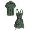 Skull Butterfly Mushroom Plant Print Lace Up Half Zipper Buckle Strap Mini Dress And Short Sleeve Shirt Matching Outfit - Vert profond S | US 4