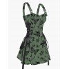 Skull Butterfly Mushroom Plant Print Lace Up Half Zipper Buckle Strap Mini Dress And Short Sleeve Shirt Matching Outfit - Vert profond S | US 4