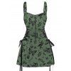 Skull Butterfly Mushroom Plant Print Lace Up Half Zipper Buckle Strap Mini Dress And Short Sleeve Shirt Matching Outfit - Vert profond S | US 4