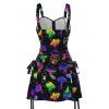 Psychedelic Mushroom Galaxy Print Lace Up Half Zipper Mini Dress And Short Sleeve Shirt Matching Outfit - Noir S | US 4