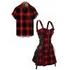 Retro Plaid Print Lace Up Half Zipper Buckle Strap Mini Dress And Short Sleeve Shirt Matching Outfit - Rouge S | US 4