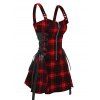 Retro Plaid Print Lace Up Half Zipper Buckle Strap Mini Dress And Short Sleeve Shirt Matching Outfit - Rouge S | US 4