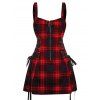 Retro Plaid Print Lace Up Half Zipper Buckle Strap Mini Dress And Short Sleeve Shirt Matching Outfit - Rouge S | US 4