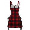 Retro Plaid Print Lace Up Half Zipper Buckle Strap Mini Dress And Short Sleeve Shirt Matching Outfit - Rouge S | US 4