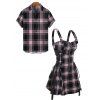 Retro Plaid Print Lace Up Half Zipper Buckle Strap Mini Dress And Short Sleeve Shirt Matching Outfit - Rose clair S | US 4