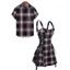 Retro Plaid Print Lace Up Half Zipper Buckle Strap Mini Dress And Short Sleeve Shirt Matching Outfit - Rouge S | US 4