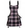 Retro Plaid Print Lace Up Half Zipper Buckle Strap Mini Dress And Short Sleeve Shirt Matching Outfit - Rose clair S | US 4