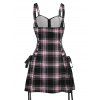 Retro Plaid Print Lace Up Half Zipper Buckle Strap Mini Dress And Short Sleeve Shirt Matching Outfit - Rose clair S | US 4