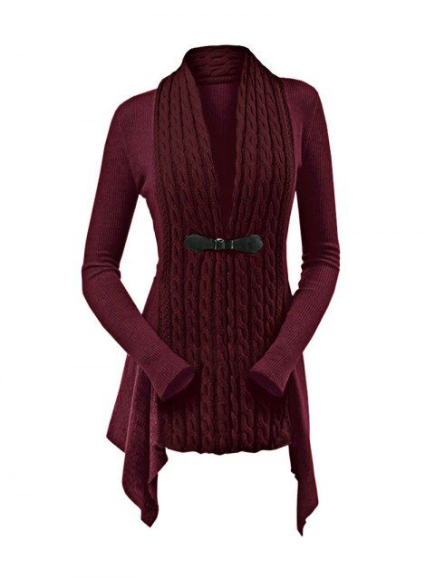 Cardigan Asymétrique Bouclé en Tricot à Câble en Couleur Unie à Manches Longues