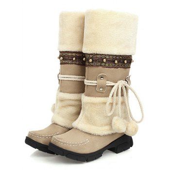 Mid-Heel Ethnic Style Winter Boots Faux Fur Lining Pom-Pom Decoration High Boots