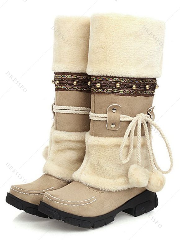 Mid-Heel Ethnic Style Winter Boots Faux Fur Lining Pom-Pom Decoration High Boots - café lumière EU 43