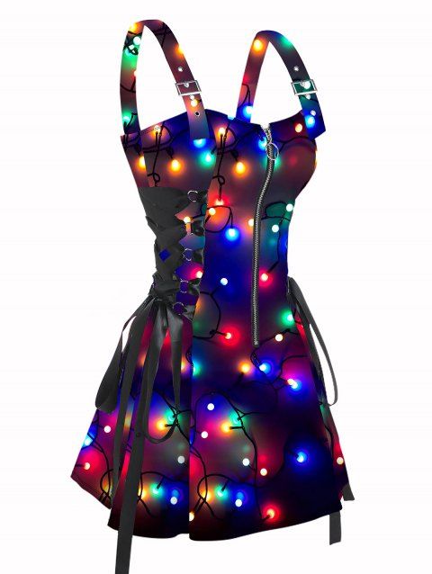 Colorful Light String Allover Print Lace Up Buckle Strap Half Zipper Mini Dress