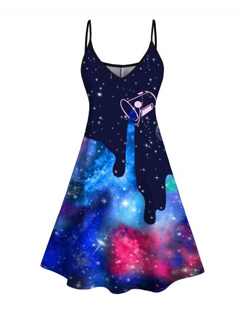 Galaxy Allover Print Mini Dress V Neck Spaghetti Strap A Line Dress