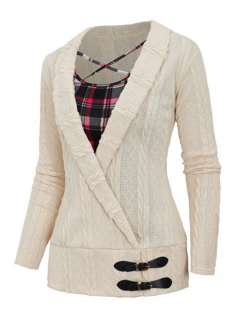 Plaid Print Cable Knit Top Crisscross Crossover Buckle Strap Knitted Top