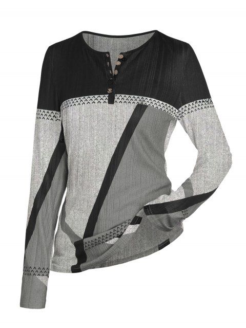 Haut Géométrique Imprimé à Demi-Bouton en Blocs de Couleurs à Manches Longues