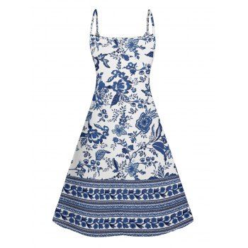 Chinoiserie Porcelain Allover Print Mini Dress V Neck Spaghetti Strap Vacation Dress 