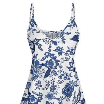 Chinoiserie Porcelain Allover Print Mini Dress V Neck Spaghetti Strap Vacation Dress 