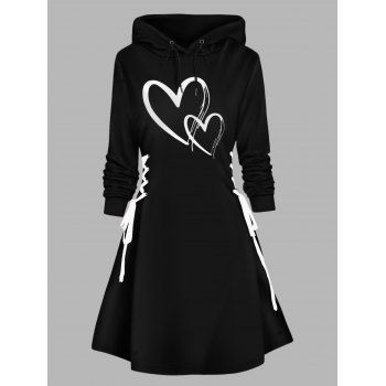 Valentine`s Day Contrast Heart Print Lace Up Mini Hooded Dress 