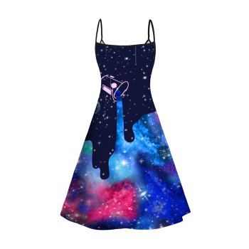 Galaxy Allover Print Mini Dress V Neck Spaghetti Strap A Line Dress 