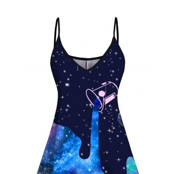 Galaxy Allover Print Mini Dress V Neck Spaghetti Strap A Line Dress 
