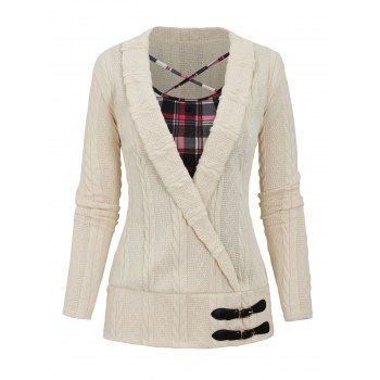 Plaid Print Cable Knit Top Crisscross Crossover Buckle Strap Knitted Top 
