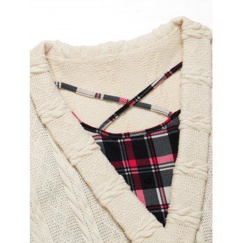 Plaid Print Cable Knit Top Crisscross Crossover Buckle Strap Knitted Top 