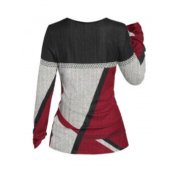 Colorblock Geometric Print Textured Half Button Long-Sleeve Top 