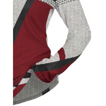 Colorblock Geometric Print Textured Half Button Long-Sleeve Top 