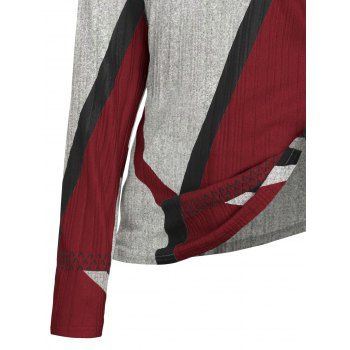 Colorblock Geometric Print Textured Half Button Long-Sleeve Top 