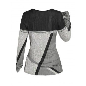 Colorblock Geometric Print Textured Half Button Long-Sleeve Top 