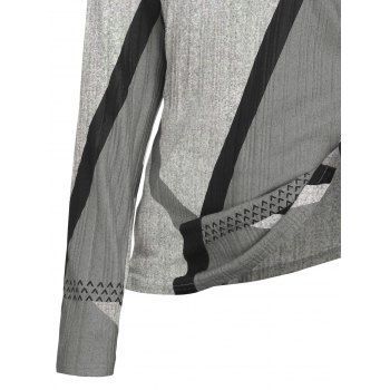 Colorblock Geometric Print Textured Half Button Long-Sleeve Top 
