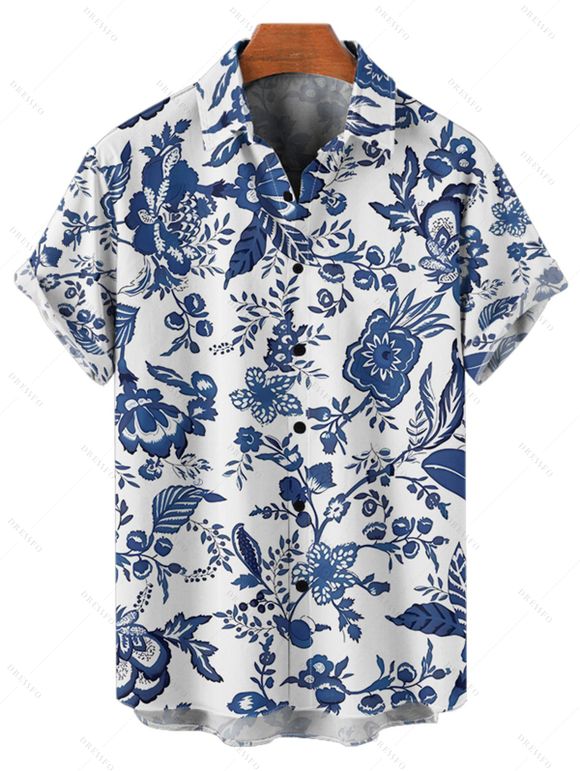 Chemise Porcelaine Imprimée Chinoiserie Boutonnée à Col Relevé - Bleu profond S