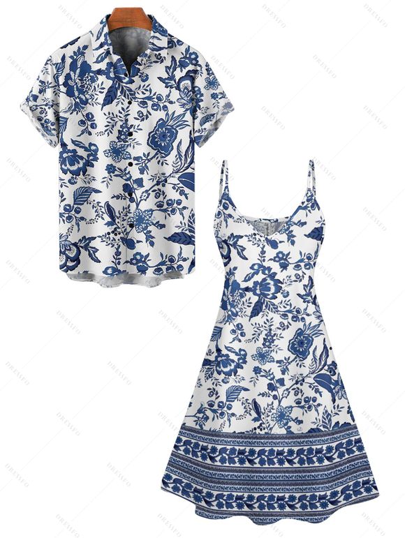 Chinoiserie Porcelain Allover Print V Neck Mini Dress And Short Sleeve Shirt Matching Outfit - Bleu profond S | US 4