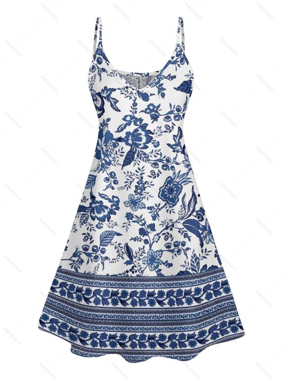 Robe Mini de Vacances en Tissu Imprimé avec Bretelles Spaghetti et Col en V - Bleu profond S | US 4