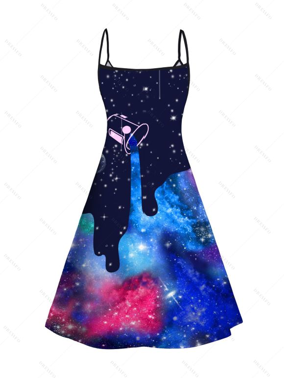Mini Robe Ligne A Galaxie Imprimée à Bretelle Fine - Bleu profond L | US 8-10