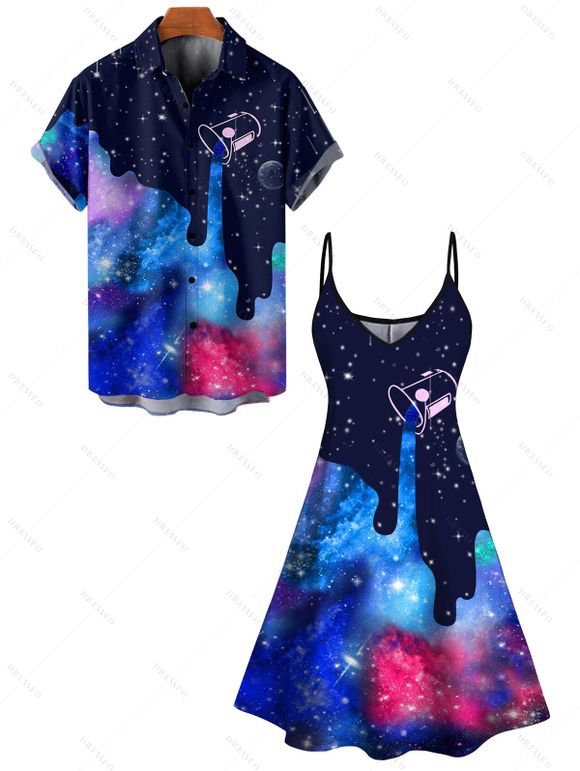 Galaxy Allover Print V Neck Mini Dress And Short Sleeve Shirt Matching Outfit - Bleu profond S | US 4