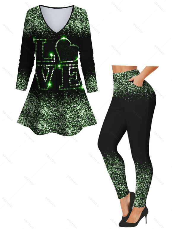 Love Heart Print Long Sleeve V Neck T-shirt And High Waist Leggings Matching Outfit - Noir S | US 4