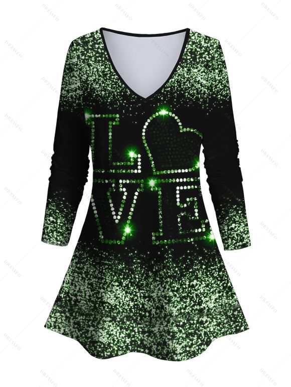 Love Heart Print Long Sleeve V Neck T-shirt And High Waist Leggings Matching Outfit - Noir S | US 4