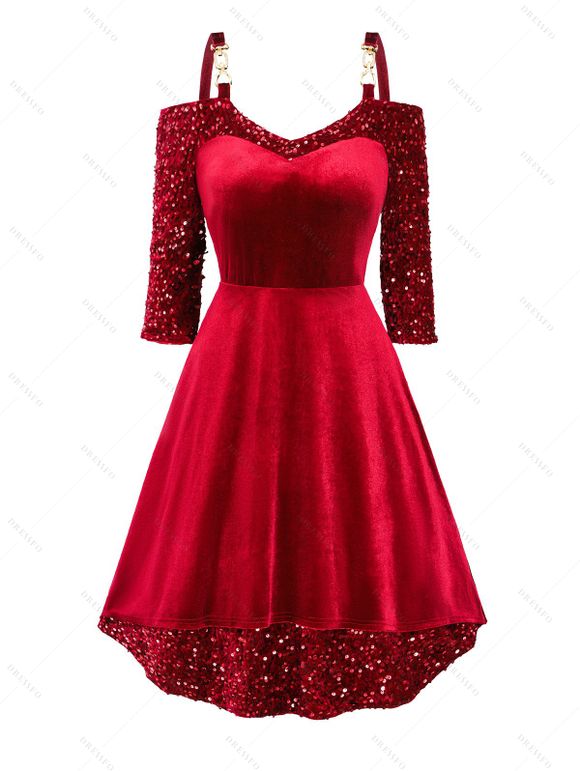 Robe de Soirée Ajustée à Epaule Dénudée en Velours Col en Forme de Cœur à Paillettes - Rouge foncé S | US 4