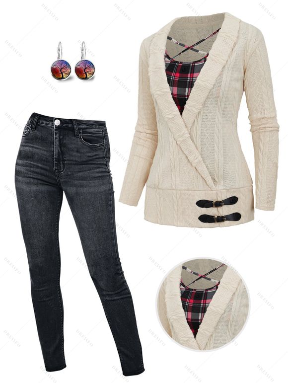 Plaid Print Casual Cable Knit Top And Dark Wash Zip Fly Pencil Jeans Life Tree Round Shape Earrings Outfit - café lumière S | US 4