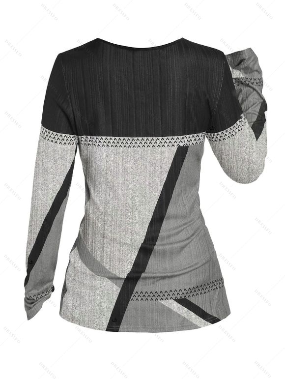 Haut Géométrique Imprimé à Demi-Bouton en Blocs de Couleurs à Manches Longues - Gris Clair XL | US 12