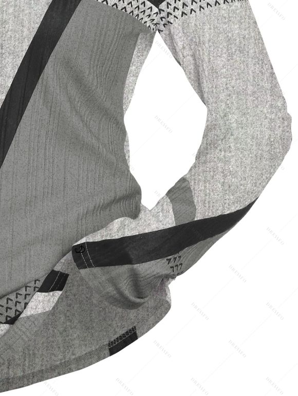Haut Géométrique Imprimé à Demi-Bouton en Blocs de Couleurs à Manches Longues - Gris Clair XL | US 12
