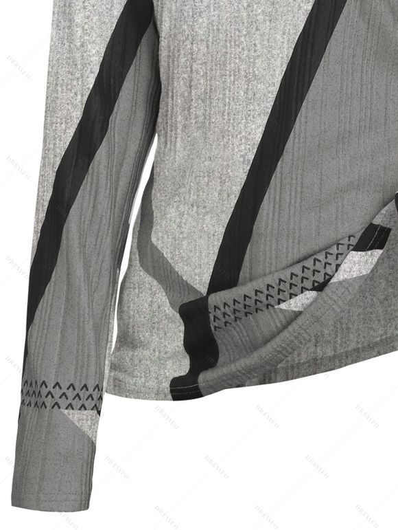 Haut Géométrique Imprimé à Demi-Bouton en Blocs de Couleurs à Manches Longues - Gris Clair XL | US 12