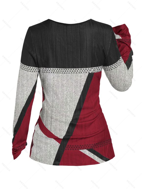 Haut Géométrique Imprimé à Demi-Bouton en Blocs de Couleurs à Manches Longues - Rouge foncé L | US 8-10