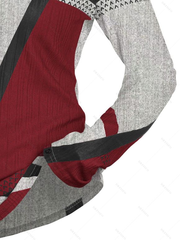 Haut Géométrique Imprimé à Demi-Bouton en Blocs de Couleurs à Manches Longues - Rouge foncé L | US 8-10