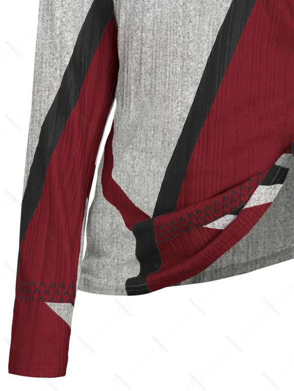 Haut Géométrique Imprimé à Demi-Bouton en Blocs de Couleurs à Manches Longues - Rouge foncé L | US 8-10