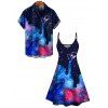 Galaxy Allover Print V Neck Mini Dress And Short Sleeve Shirt Matching Outfit - Bleu profond S | US 4