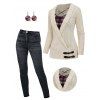 Plaid Print Casual Cable Knit Top And Dark Wash Zip Fly Pencil Jeans Life Tree Round Shape Earrings Outfit - café lumière S | US 4